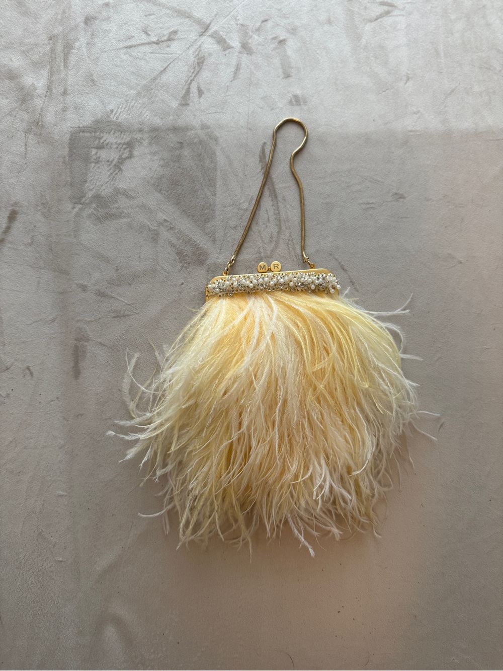 Moo Roo Signed 2004 Ostrich Feather Evening Bag Pearl Crystal Beaded Kiss Lock